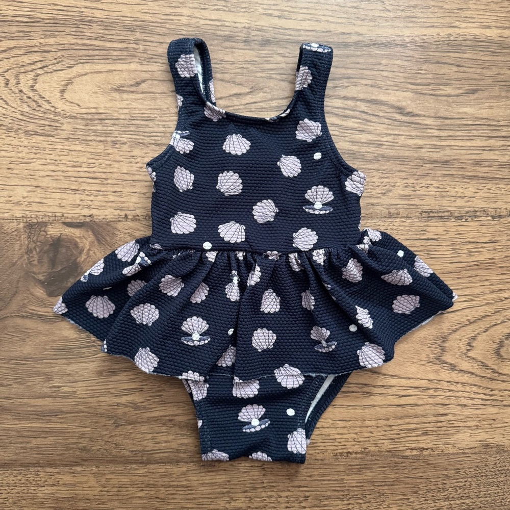Petit Lem Navy Blue One-Piece Swimsuit with Shell Print